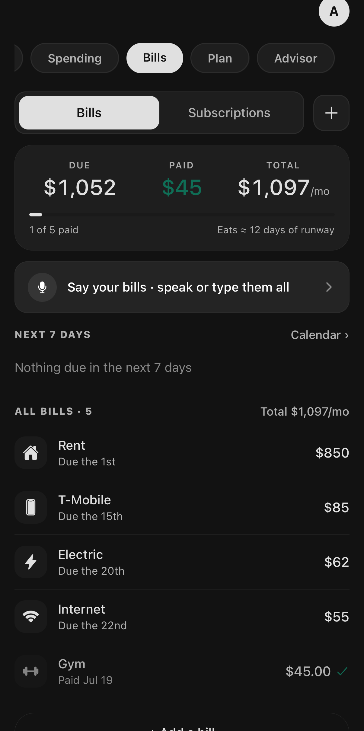 Monbark bills screen showing rent, phone, electric, and internet bills with due dates and a monthly total