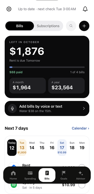 Monbark Bills screen: $1,876 left in October, rent due tomorrow, next 7 days calendar