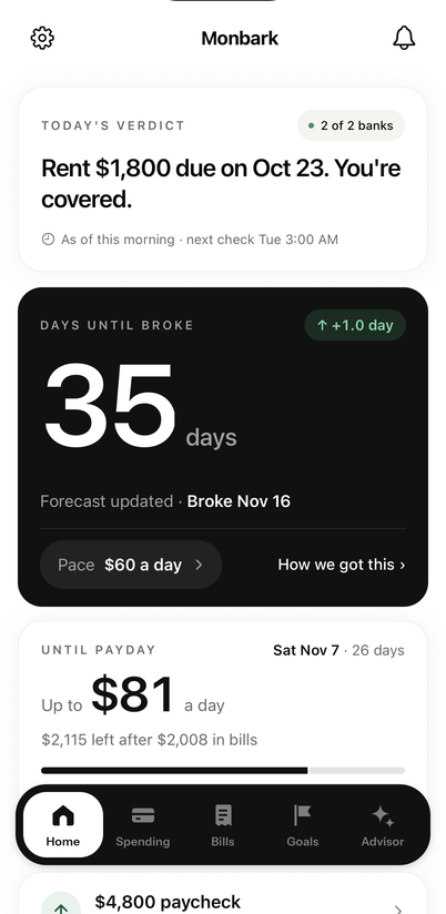 Monbark Home screen: today's verdict says rent is covered, 35 days until broke, and $81 a day until payday