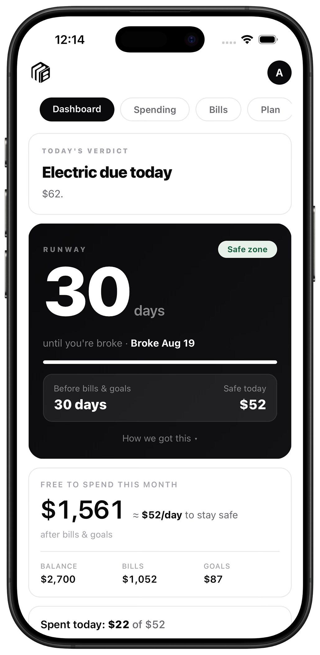Monbark runway screen showing days of money left